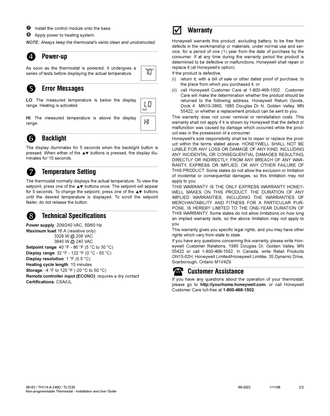 Honeywell TH114-A-240D, 8162 Power-up, Error Messages, Backlight, Temperature Setting, Technical Specifications, Warranty 