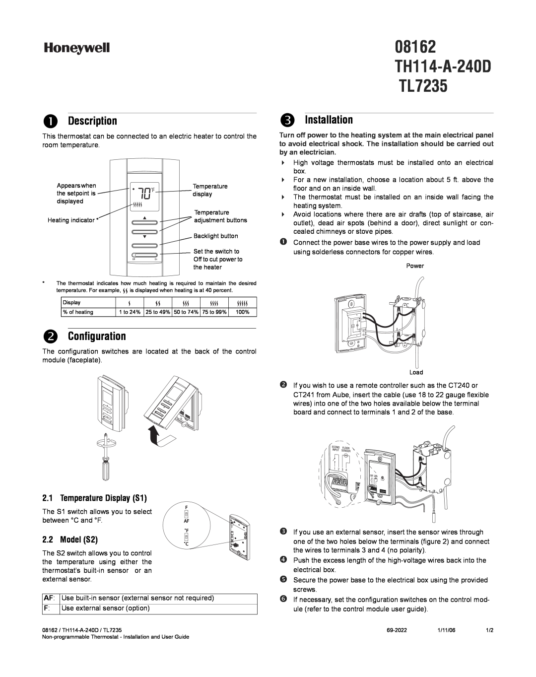 Honeywell manual n Description, p Installation, o Configuration, 08162 TH114-A-240D TL7235, Temperature Display S1 