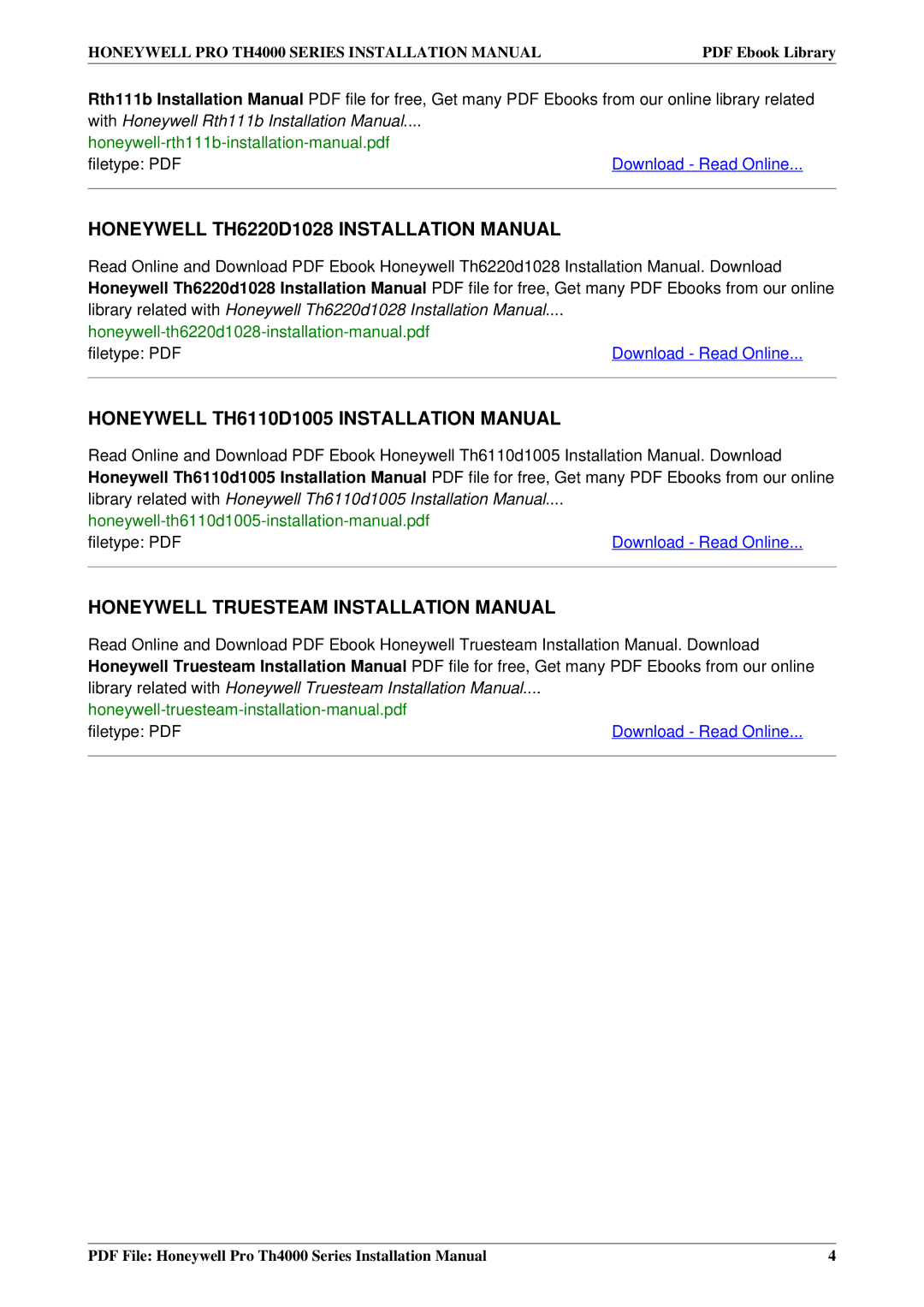 Honeywell TH4000 installation manual Honeywell TH6220D1028 Installation Manual 