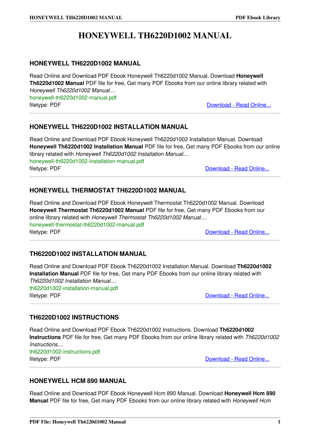 Honeywell installation manual Honeywell TH6220D1002 Manual 