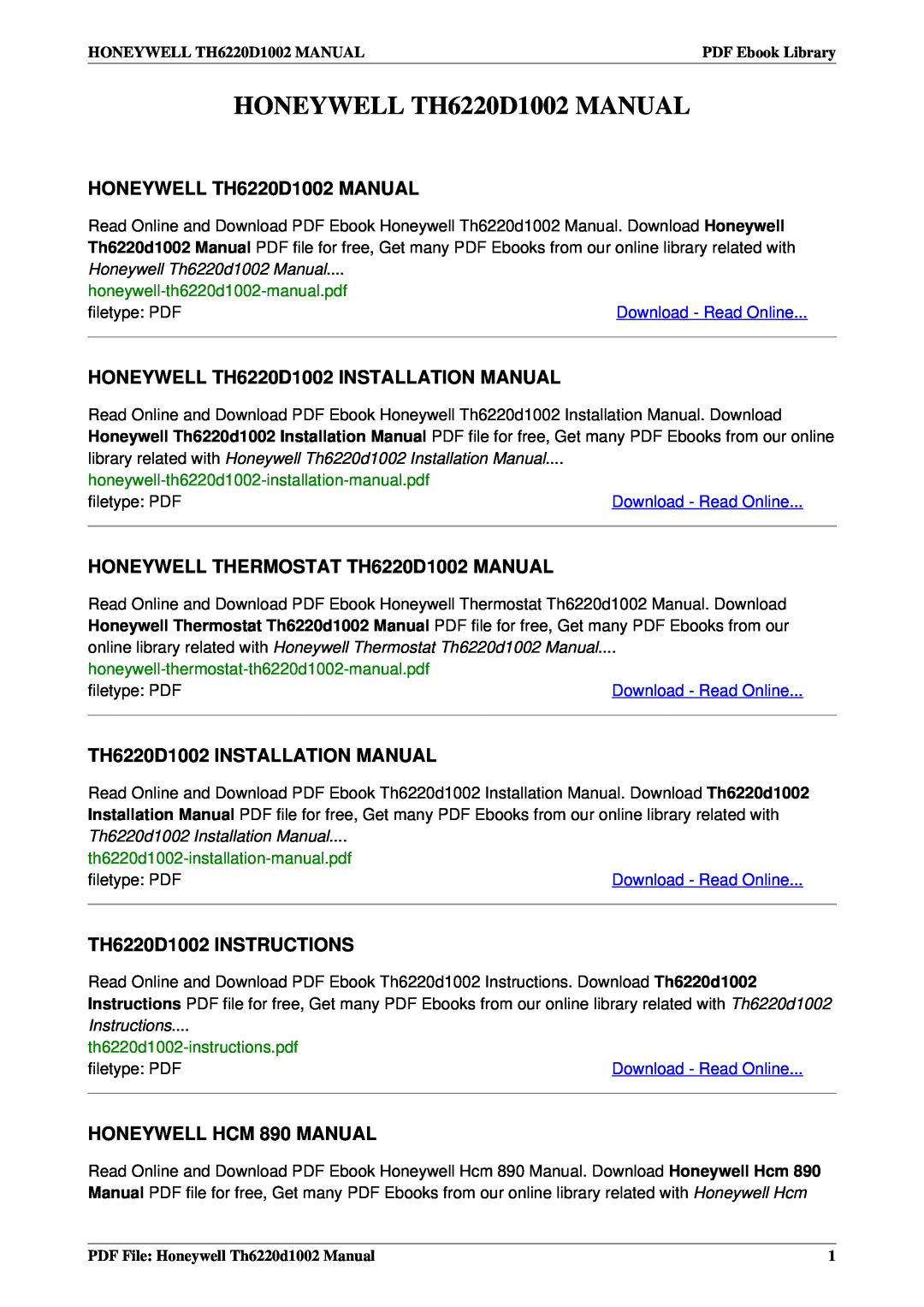 Honeywell installation manual HONEYWELL TH6220D1002 MANUAL, HONEYWELL TH6220D1002 INSTALLATION MANUAL, filetype PDF 
