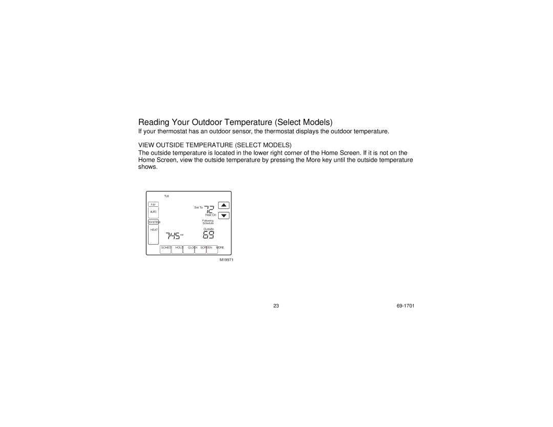 Honeywell TH8000 Series manual Reading Your Outdoor Temperature Select Models, View Outside Temperature Select Models 