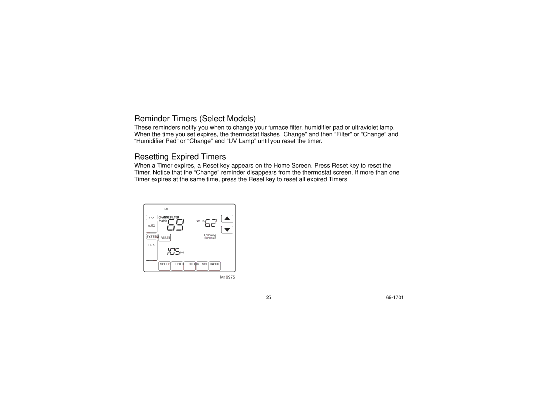 Honeywell TH8000 Series manual Reminder Timers Select Models, Resetting Expired Timers 