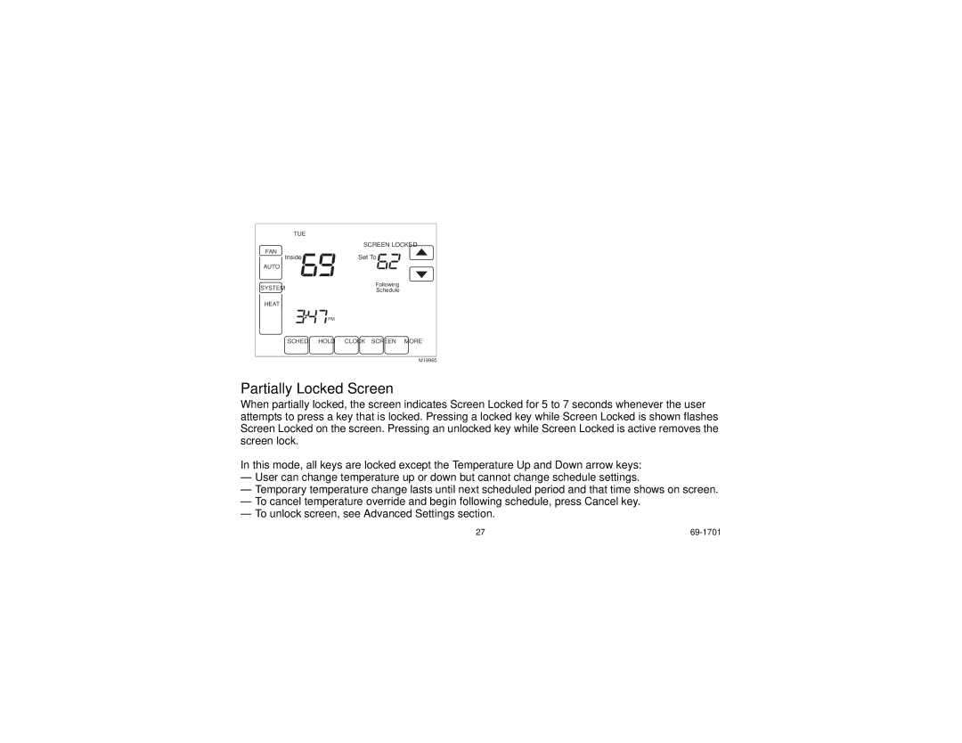 Honeywell TH8000 Series manual Partially Locked Screen 