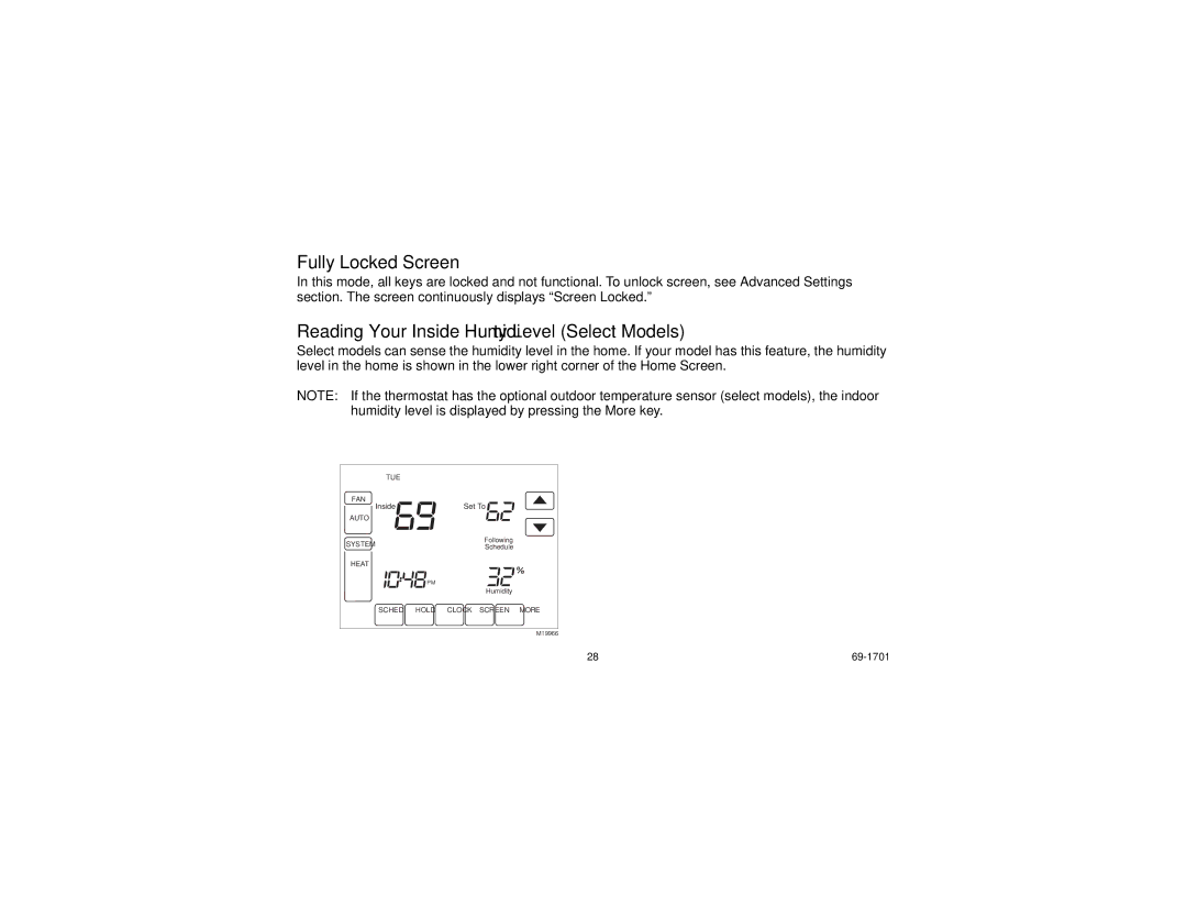 Honeywell TH8000 Series manual Fully Locked Screen, Reading Your Inside Humidity Level Select Models 