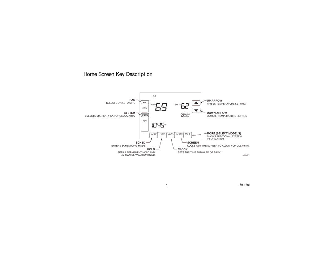 Honeywell TH8000 Series manual Home Screen Key Description, Down Arrow 