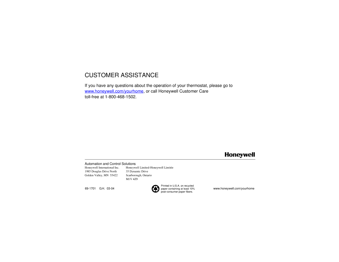 Honeywell TH8000 Series manual Customer Assistance 