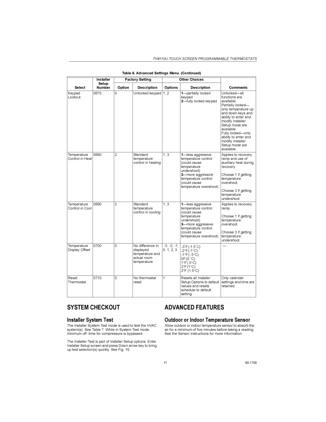 Honeywell TH8110U System Checkout, Advanced Features, Installer System Test, Outdoor or Indoor Temperature Sensor 