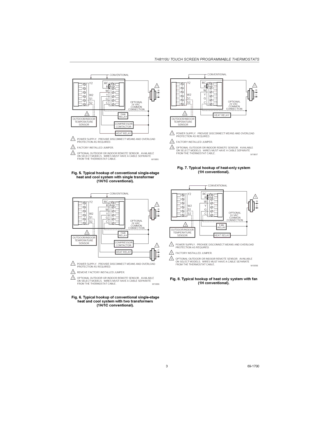 Honeywell TH8110U installation instructions Typical hookup of heat-only system 1H conventional 