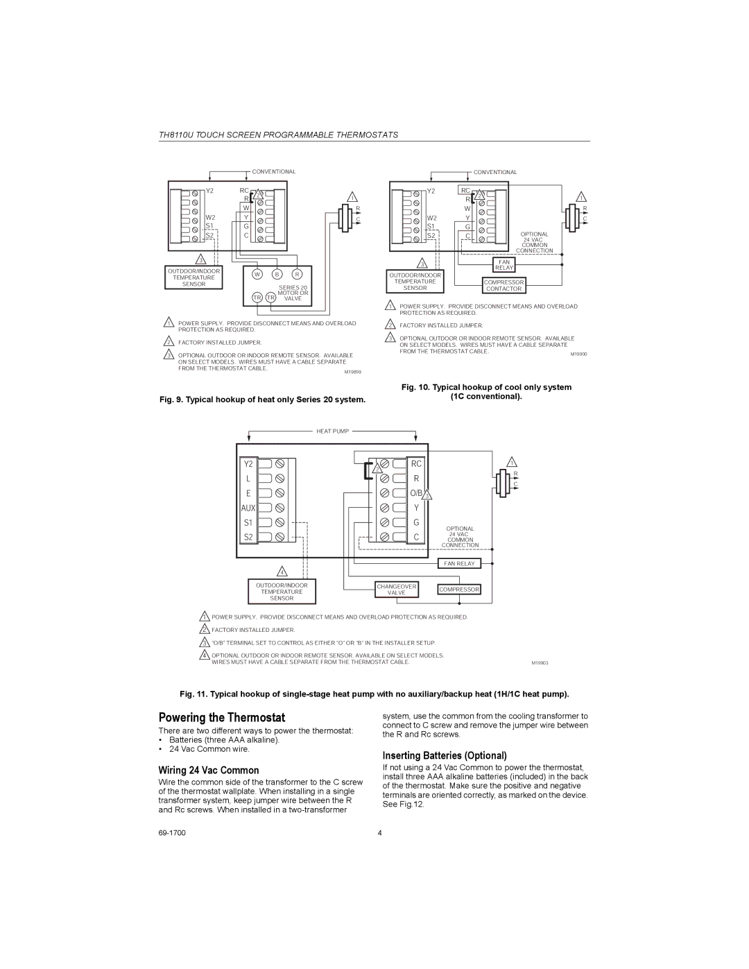 Honeywell TH8110U installation instructions Powering the Thermostat, Wiring 24 Vac Common, Inserting Batteries Optional 