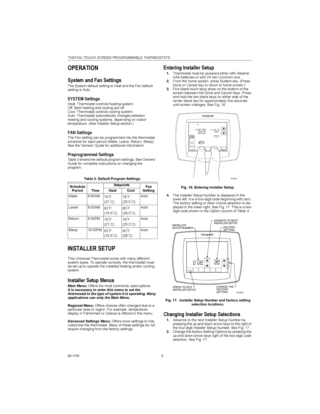 Honeywell TH8110U installation instructions Operation, Installer Setup 