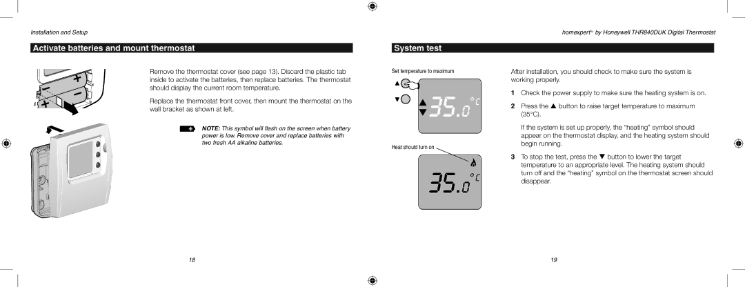 Honeywell THR840DUK user manual 35.0 C, Activate batteries and mount thermostat, System test 