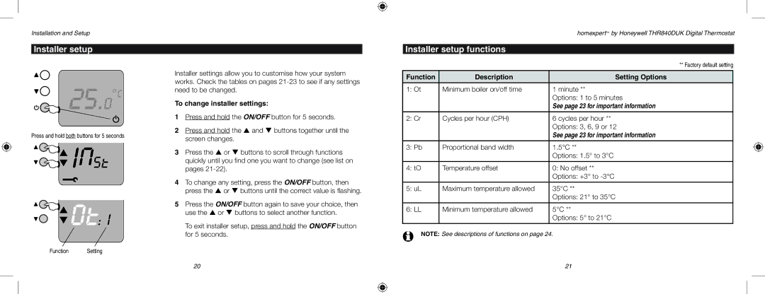 Honeywell THR840DUK user manual I0SE, Installer setup functions, To change installer settings 