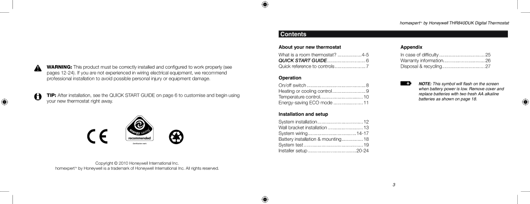 Honeywell THR840DUK user manual Contents 