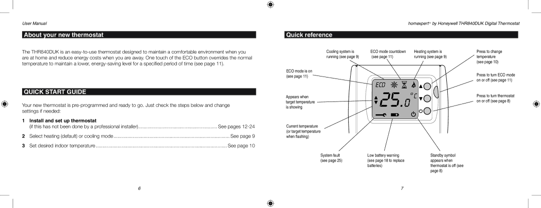 Honeywell THR840DUK user manual About your new thermostat, Quick reference, Install and set up thermostat 