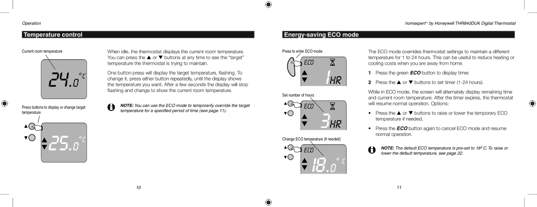 Honeywell THR840DUK user manual 24.0 C, Temperature control, Energy-saving ECO mode 