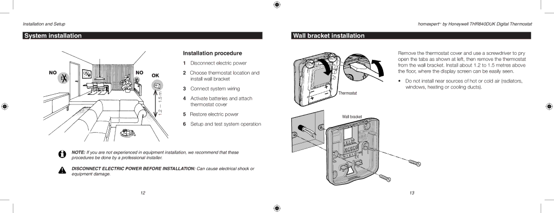 Honeywell THR840DUK user manual System installation, Wall bracket installation 