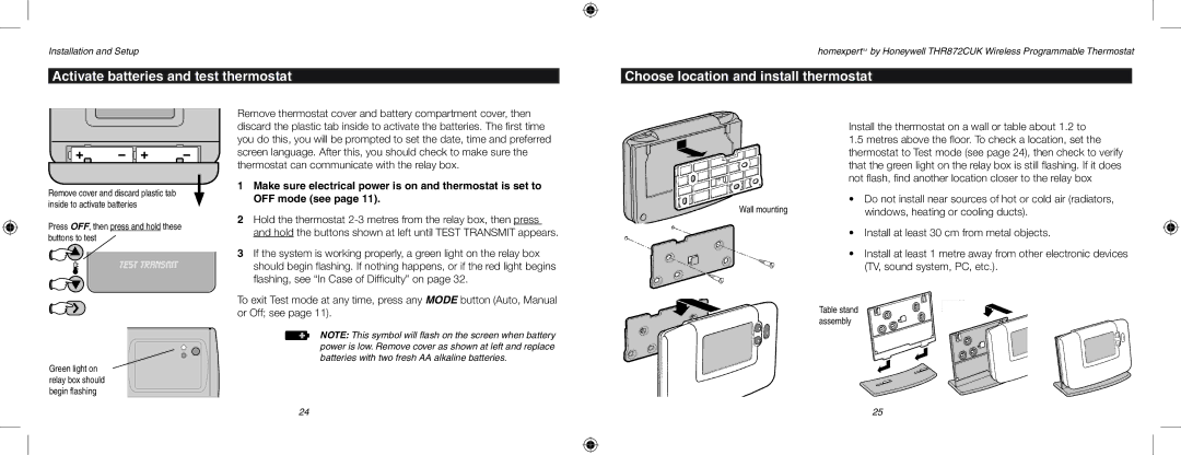 Honeywell THR872CUK user manual Activate batteries and test thermostat, Choose location and install thermostat 