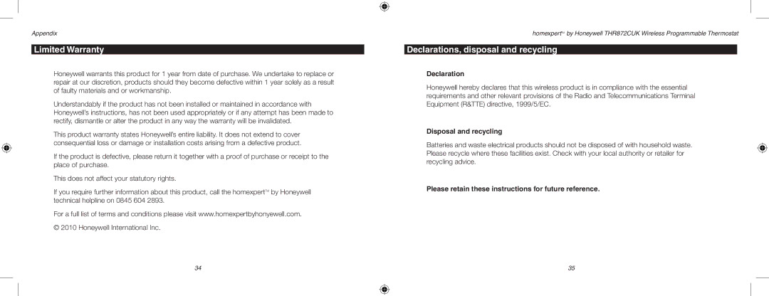 Honeywell THR872CUK user manual Limited Warranty, Declarations, disposal and recycling, Disposal and recycling 