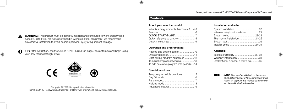 Honeywell THR872CUK user manual Contents 