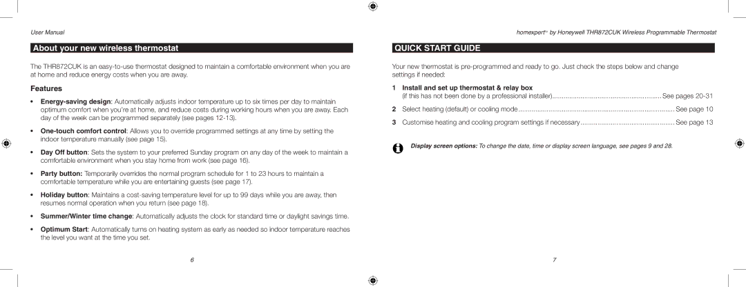 Honeywell THR872CUK user manual About your new wireless thermostat, Install and set up thermostat & relay box 