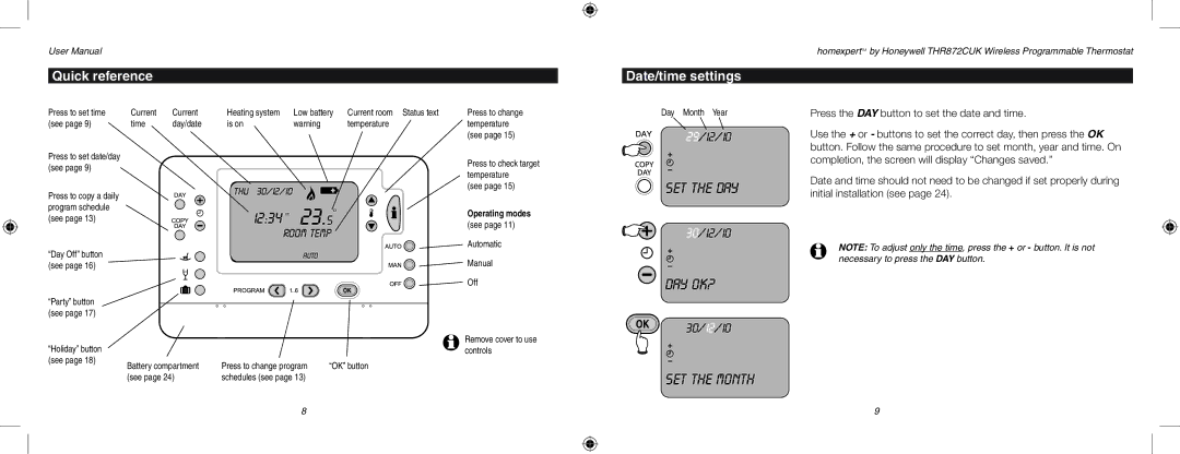 Honeywell THR872CUK user manual Quick reference, Date/time settings 