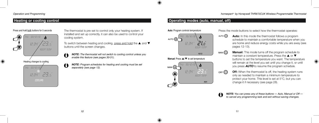 Honeywell THR872CUK user manual Heating or cooling control, Operating modes auto, manual, off 