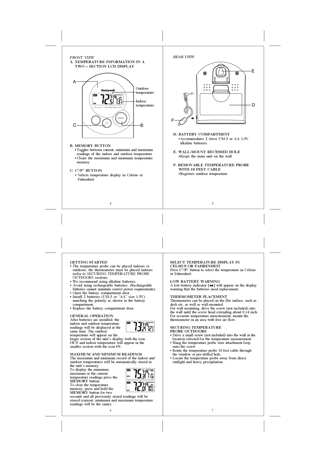 Honeywell TM001 user manual Front View, Rear View, E D F 