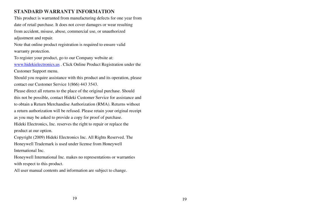 Honeywell TM005X user manual Standard Warranty Information 