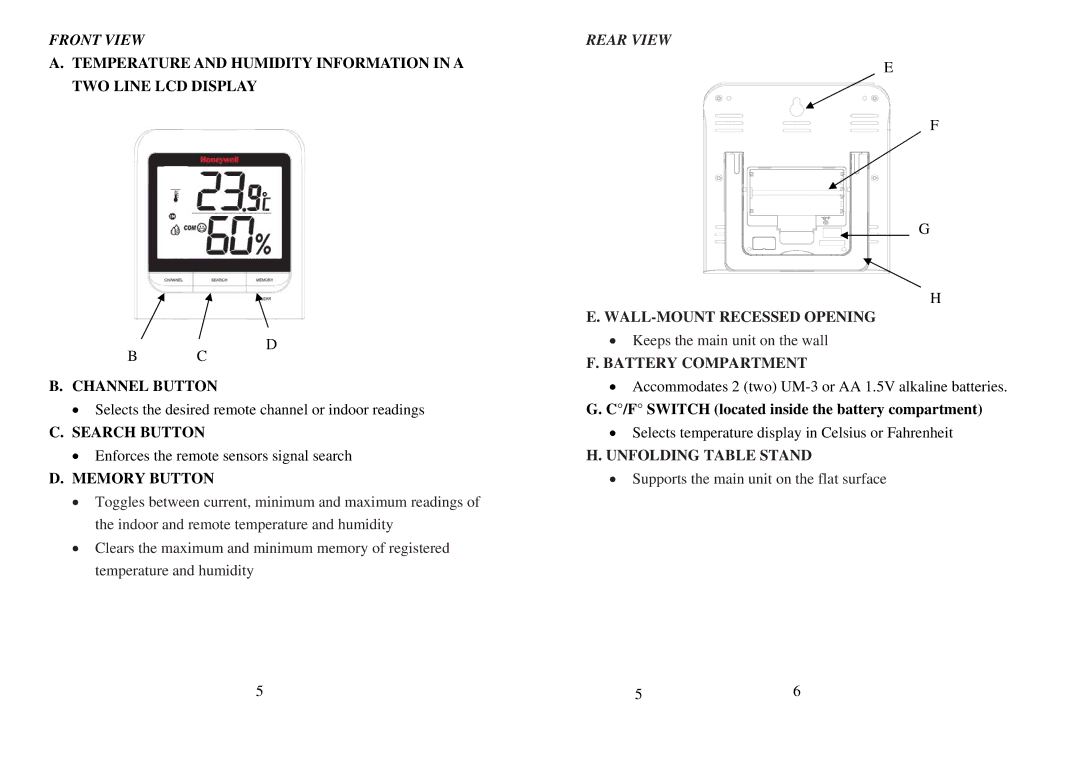 Honeywell TM005X user manual WALL-MOUNT Recessed Opening, Battery Compartment, Unfolding Table Stand 