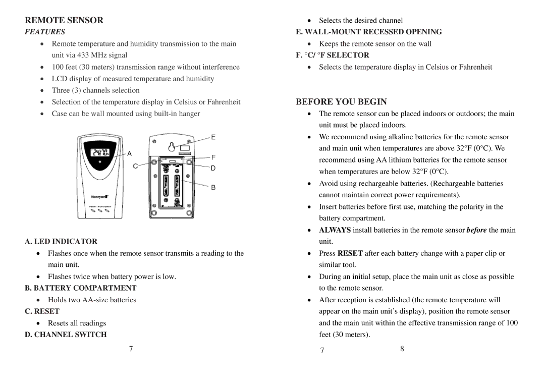 Honeywell TM005X user manual Remote Sensor, Before YOU Begin 