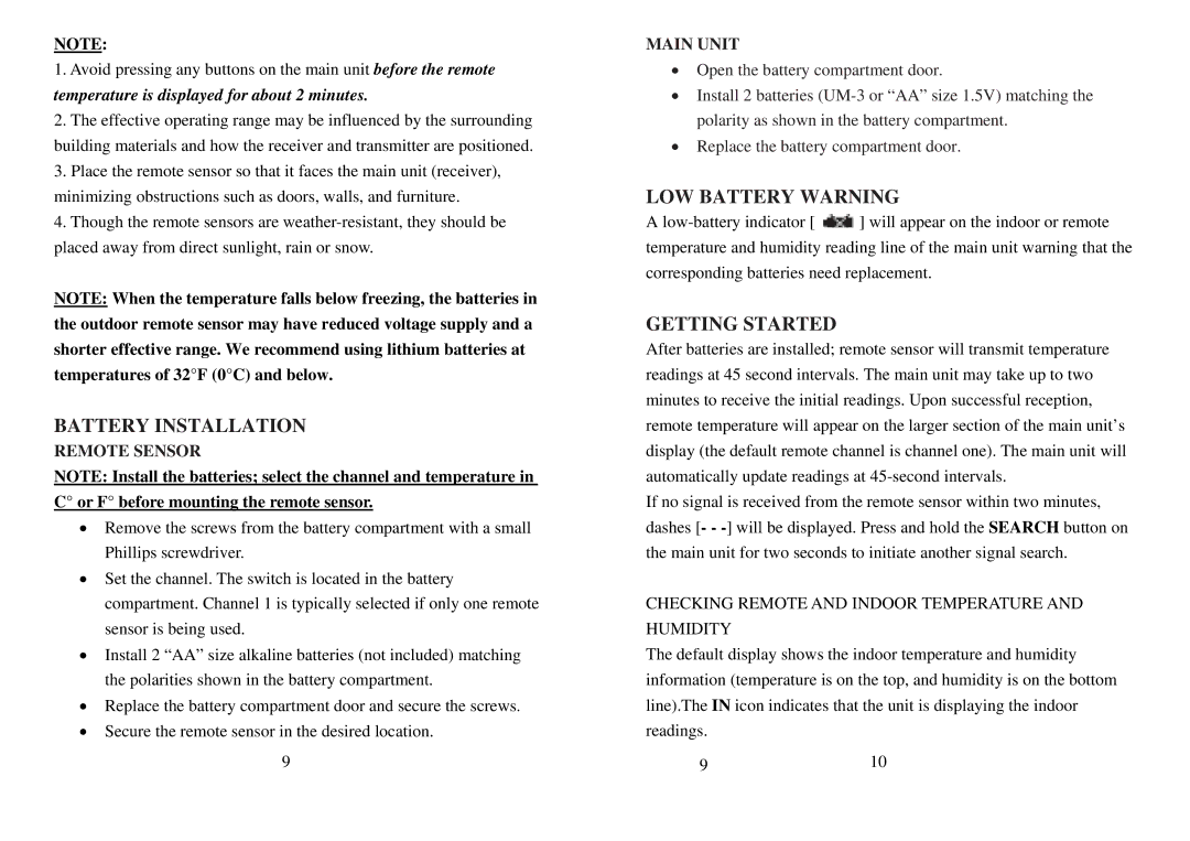 Honeywell TM005X user manual Battery Installation, LOW Battery Warning, Getting Started, Remote Sensor 