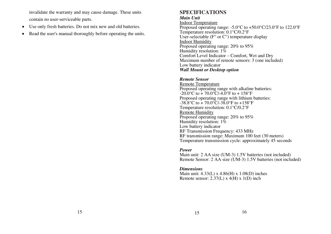 Honeywell TM005X user manual Specifications, Main Unit 