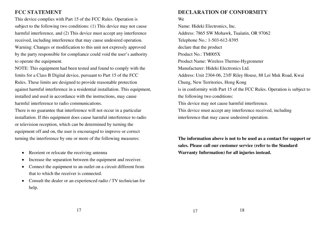 Honeywell TM005X user manual FCC Statement, Declaration of Conformity 