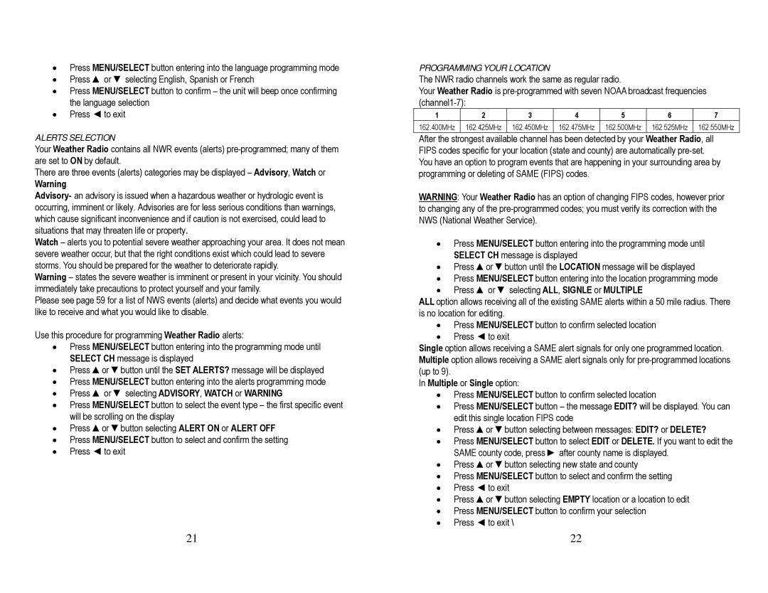 Honeywell TN924W user manual Alerts Selection, Press or selecting ADVISORY, Watch or Warning, Programming Your Location 