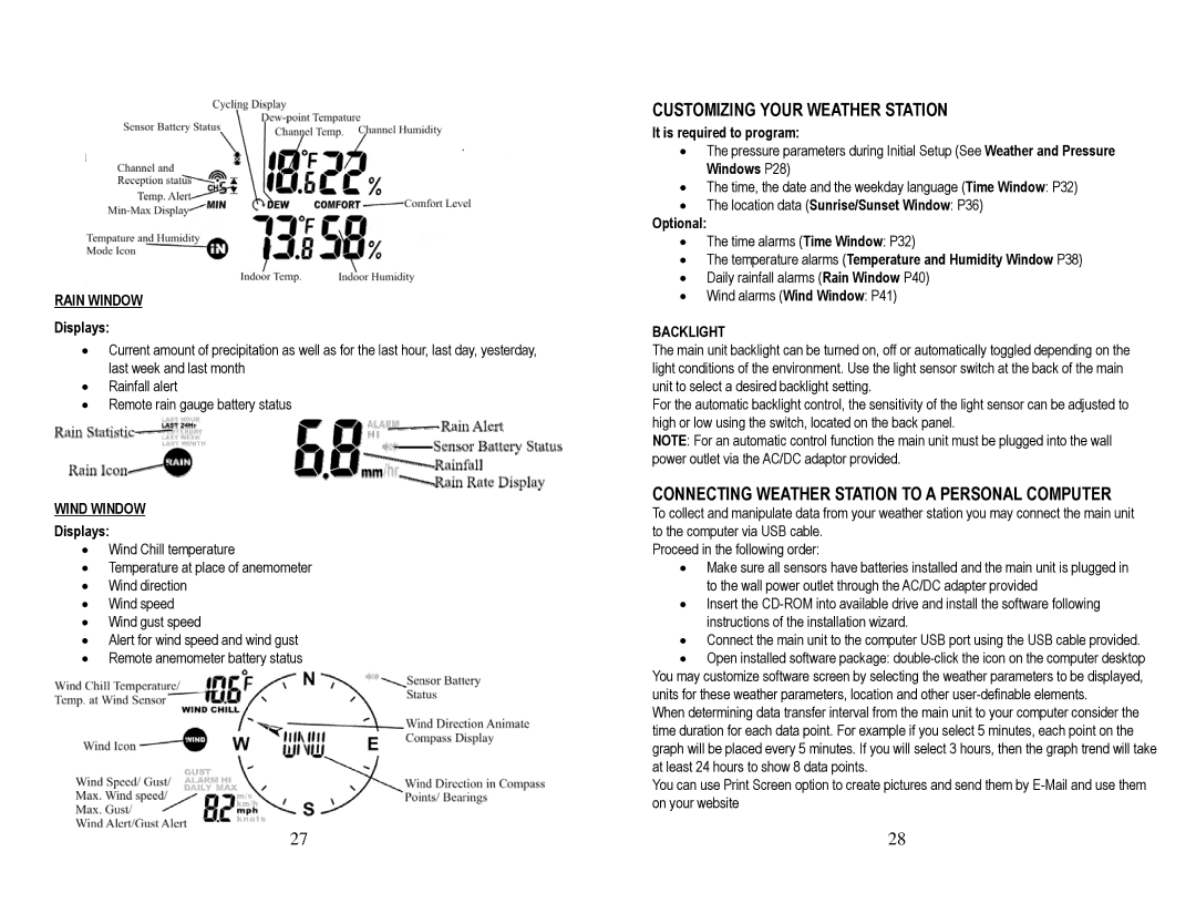 Honeywell TN924W Customizing Your Weather Station, Connecting Weather Station to a Personal Computer, Rain Window 