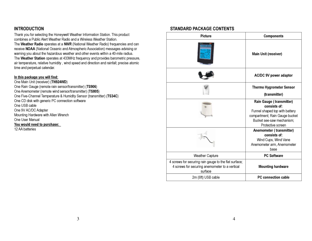 Honeywell TN924W user manual Introduction, Standard Package Contents 