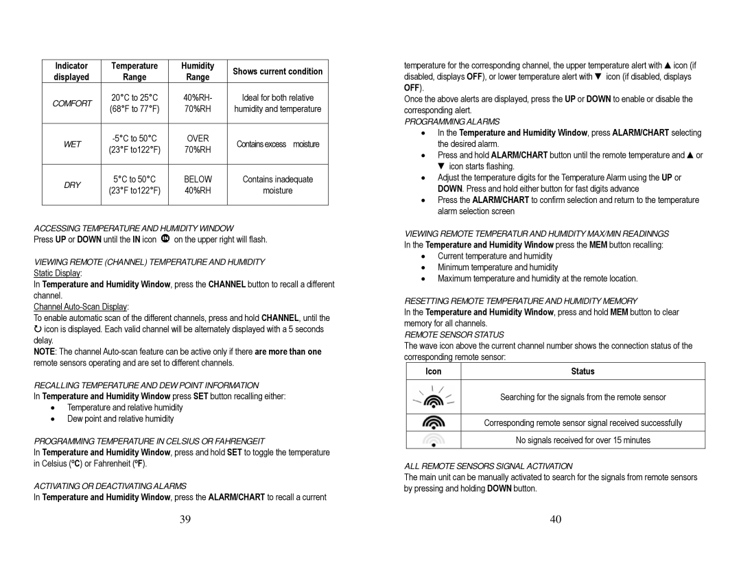 Honeywell TN924W user manual Comfort, Wet, Dry, Accessing Temperature and Humidity Window, Remote Sensor Status 