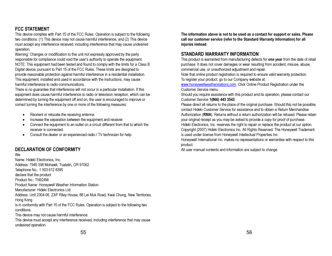 Honeywell TN924W user manual FCC Statement, Declaration of Conformity, Standard Warranty Information 
