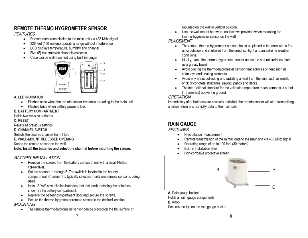 Honeywell TN924W user manual Features, Battery Installation, Mounting, Placement, Operation 