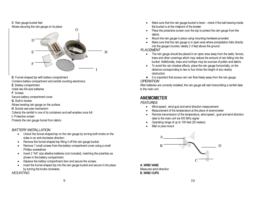 Honeywell TN924W user manual Wind Vane, Wind Cups 