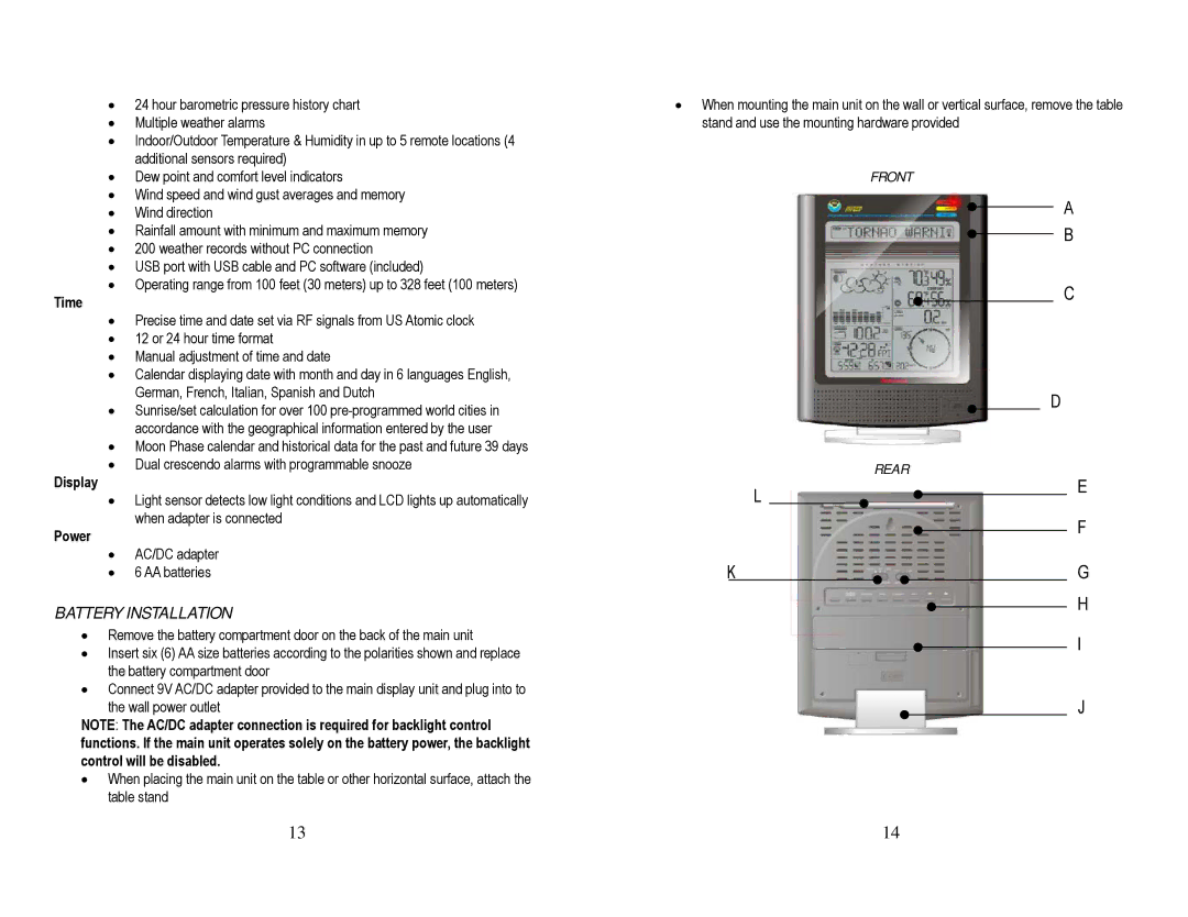 Honeywell TN924W user manual Time, Display, Power, Front Rear 