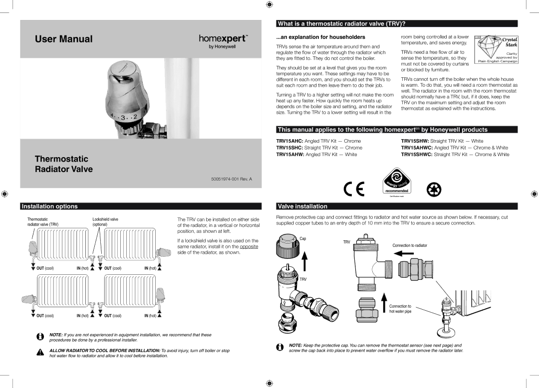 Honeywell TRV15SHC user manual Thermostatic Radiator Valve, What is a thermostatic radiator valve TRV?, Valve installation 