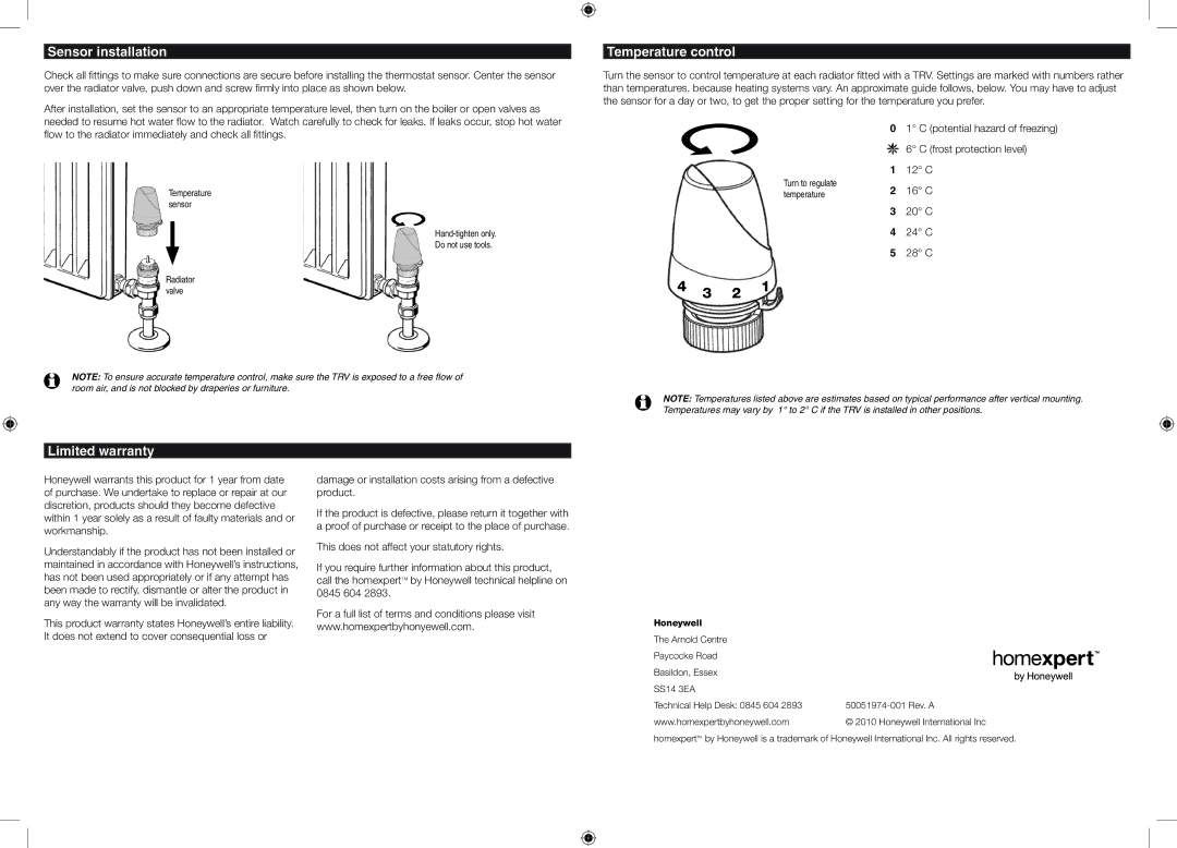 Honeywell TRV15AHW Sensor installation, Temperature control, Limited warranty, Potential hazard of freezing, Honeywell 