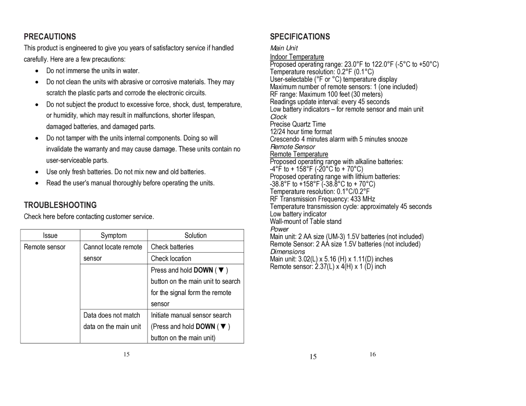 Honeywell TS03, TE109NL user manual Precautions, Troubleshooting, Specifications 