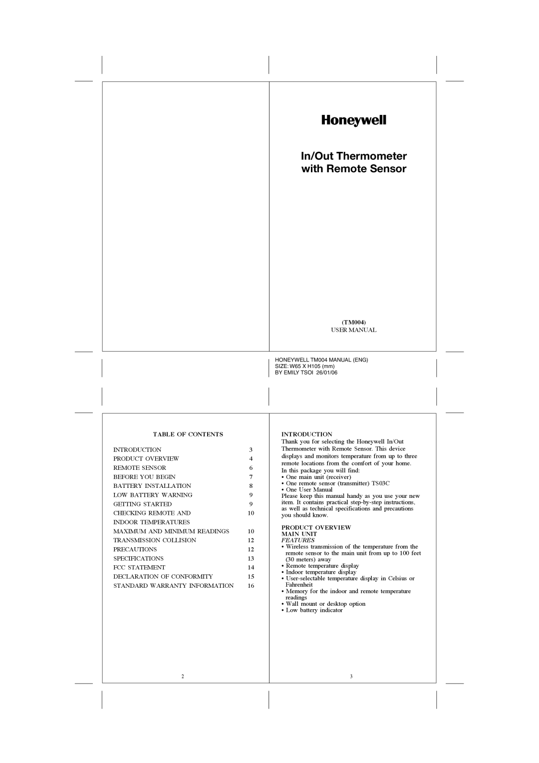 Honeywell TM004, TS03C user manual Table of Contents, Introduction, Product Overview Main Unit, Features 