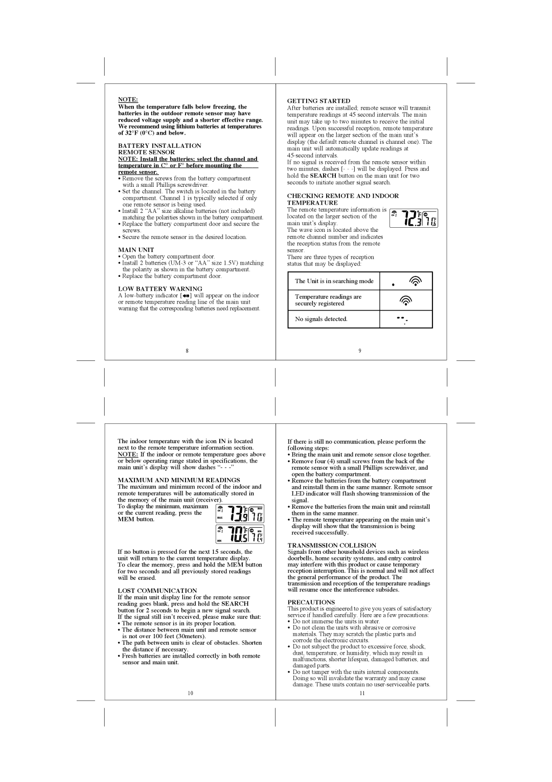 Honeywell TM004 Battery Installation Remote Sensor, LOW Battery Warning, Getting Started, Maximum and Minimum Readings 