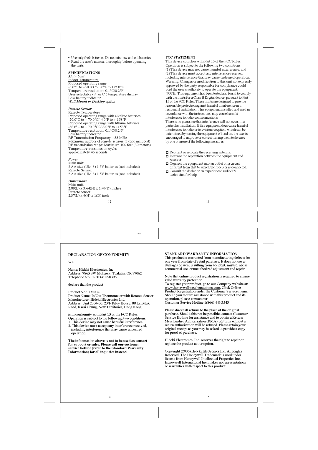 Honeywell TS03C, TM004 user manual FCC Statement, Specifications, Declaration of Conformity Standard Warranty Information 