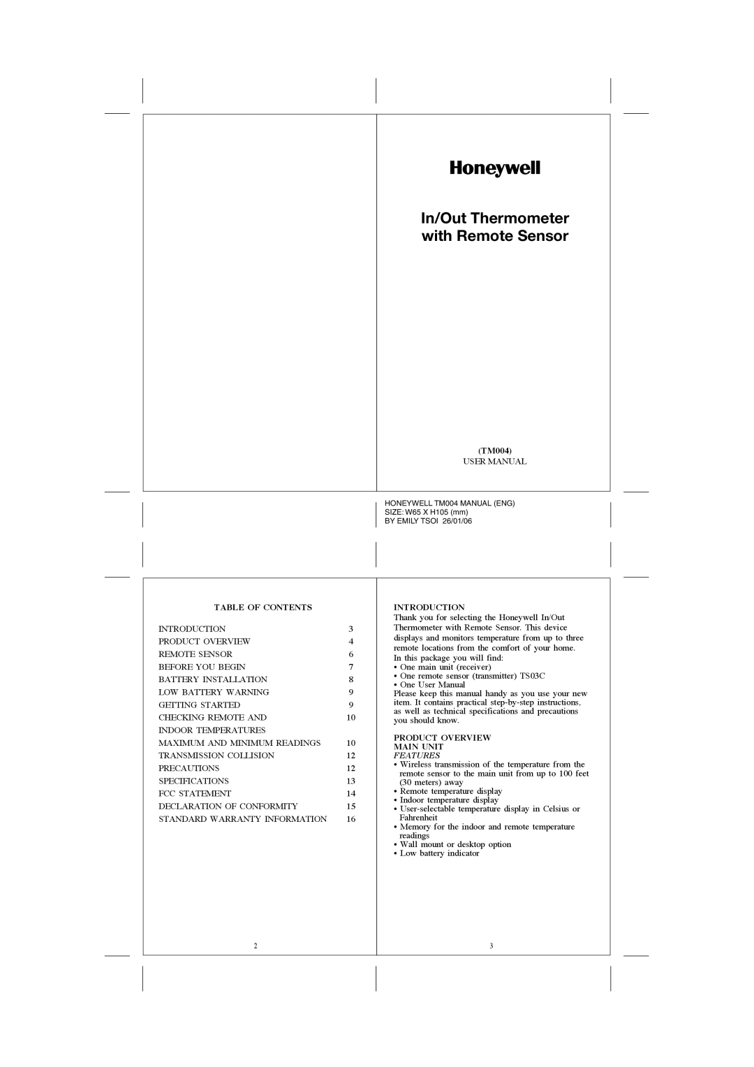 Honeywell TM004, TS03C user manual Features, In/Out Thermometer with Remote Sensor, Table Of Contents, Introduction 