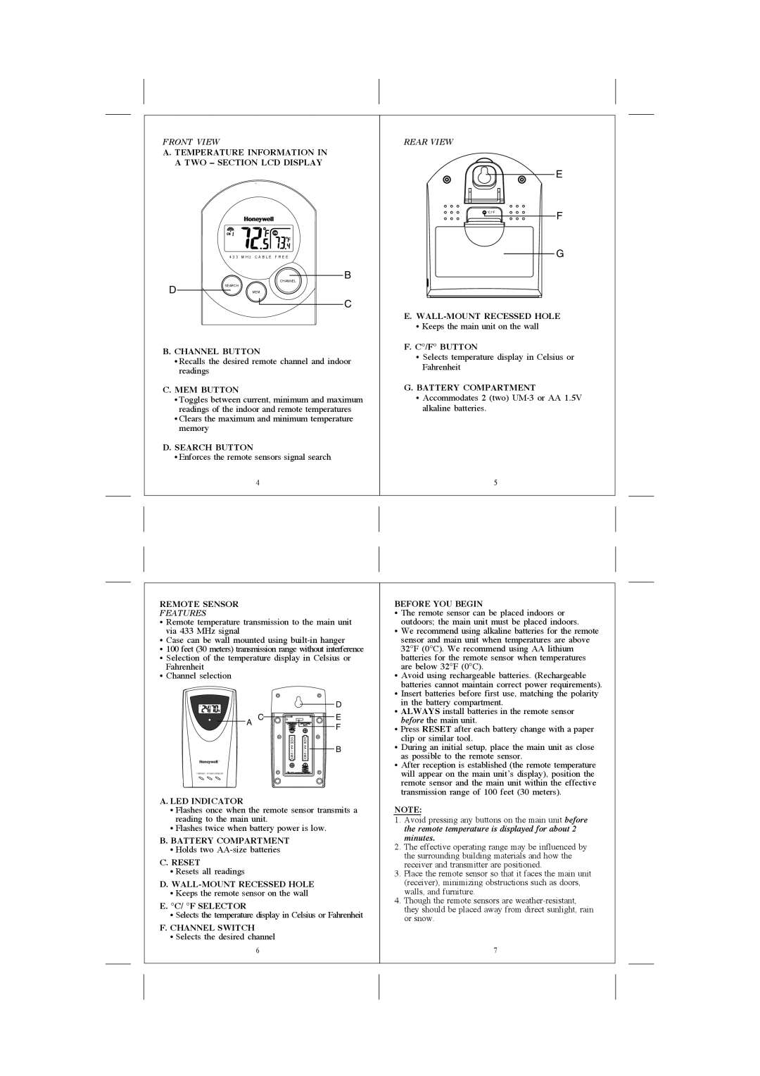 Honeywell TS03C, TM004 user manual Front View, Rear View, Features 